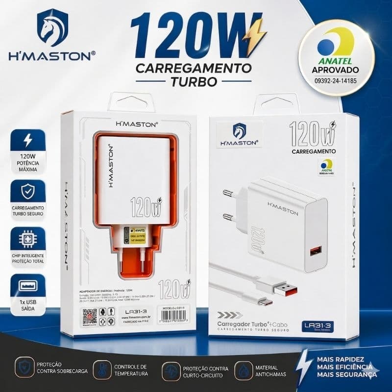 Kit Carregador +Cabo Tipo-C H'maston 120w de potência