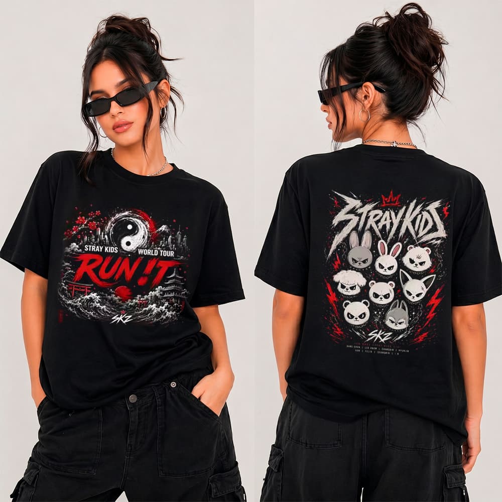 Camiseta Basica ou Oversized Grupo K-pop Stray Kids Tour Run It 2026 Show Mascotes Cute Teen Streetwear