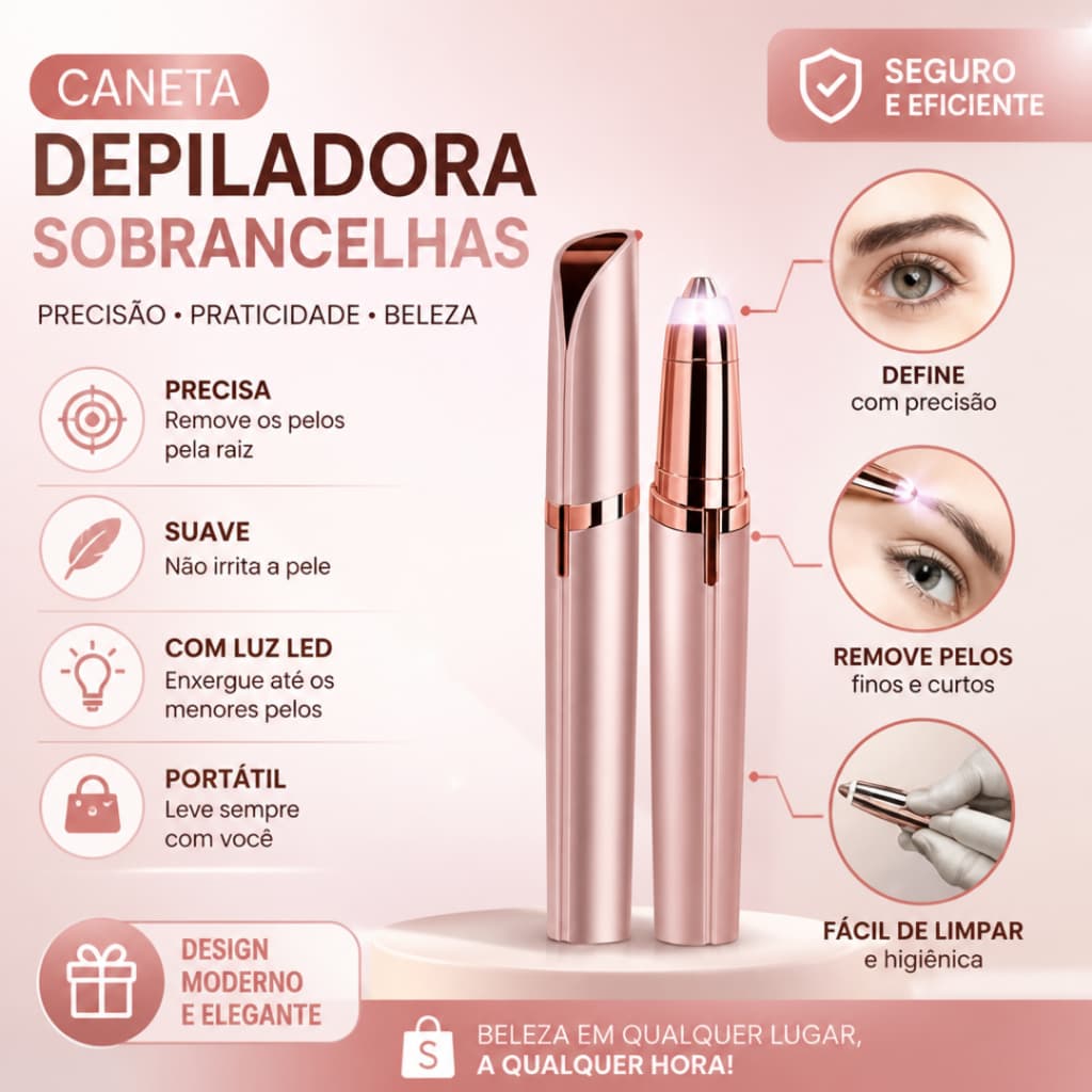Caneta Depiladora de Sobrancelha Elétrica Recarregável USB Sem Dor LED