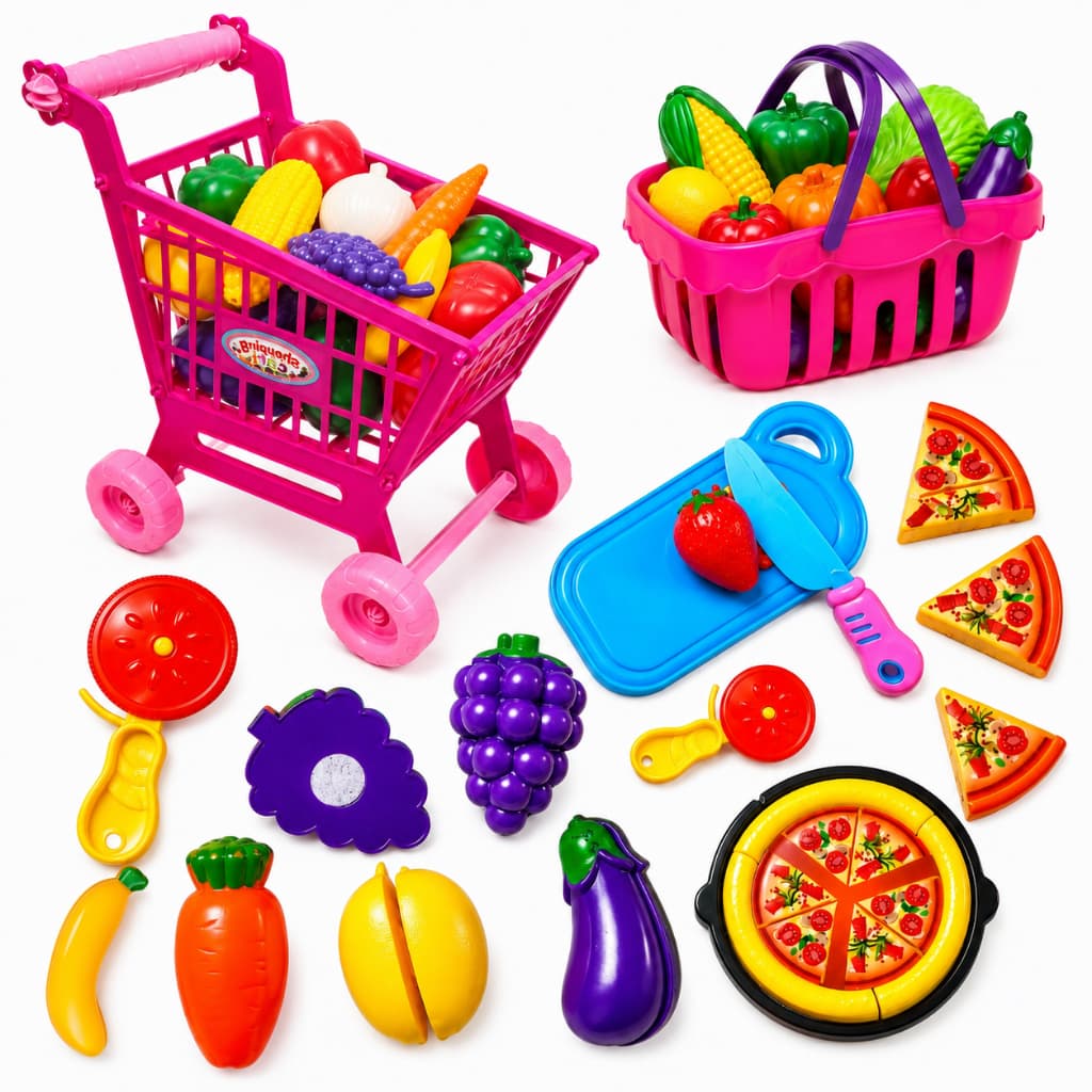 Brinquedo Kit Comidinha Infantil Corta frutas Legumes Carrinho Supermercado Menina Pizza Corte Cozinha Criança