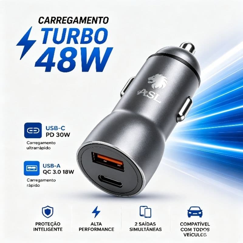 CARREGADOR VEICULAR TURBO ASL 48W (PD30W +QC 3.0 18W) DUAS ENTRADAS USB-C E USB-A COMPATÍVEL COM iPhone, SAMSUNG, XIAOMI