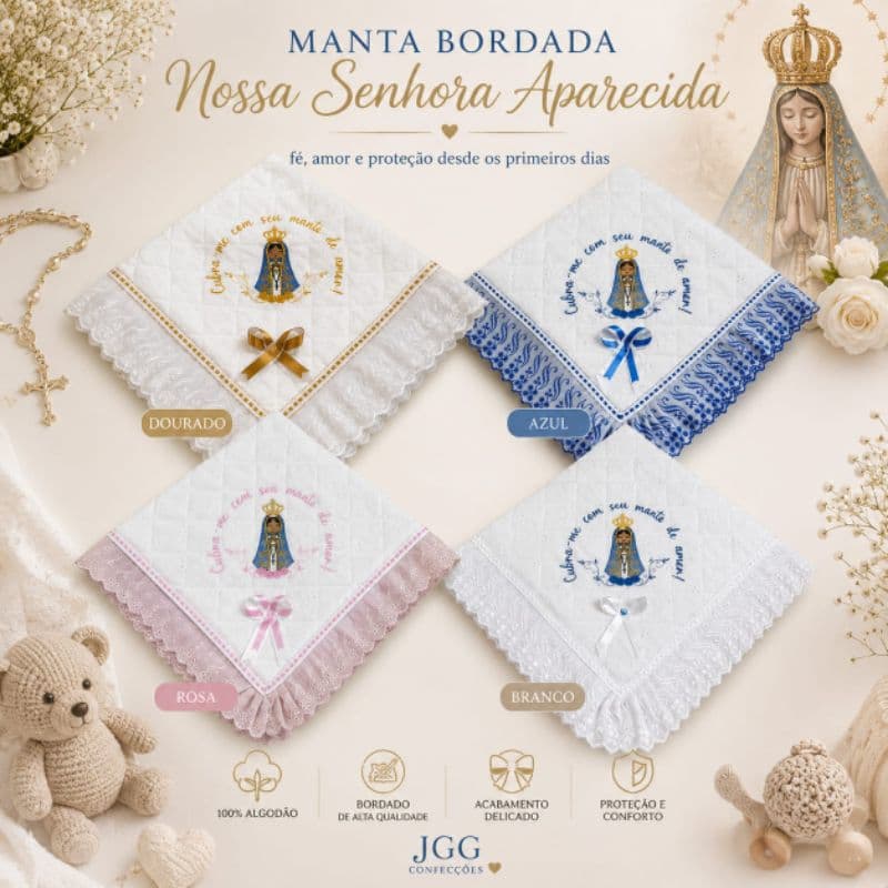 Manta em Lese Bordada Forrada Baby Hipoalergenica 80x80cm Nossa Senhora Aparecida Saida Maternidade
