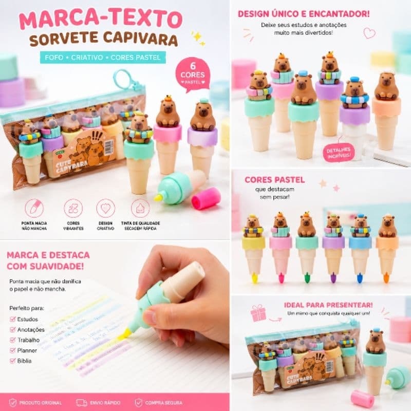 Kit 6 Marca-Textos Capivara Sorvete 6 Cores Pastel Estojo Escolar Planner Bullet Journal Presente Fofo