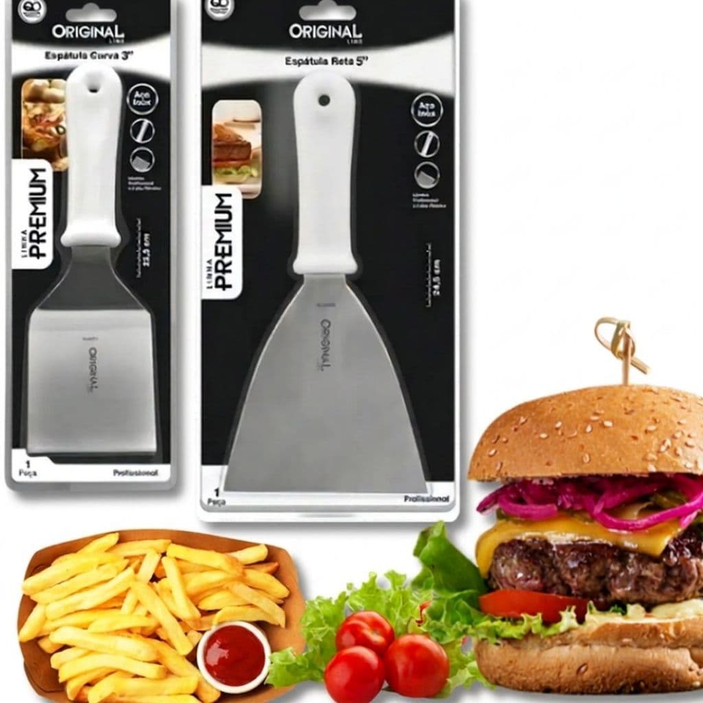 2 Espátulas em Inox Reta Curva Original Line Lanches Chapa Cozinha Chapeiro Lanchonete Pizza Massas