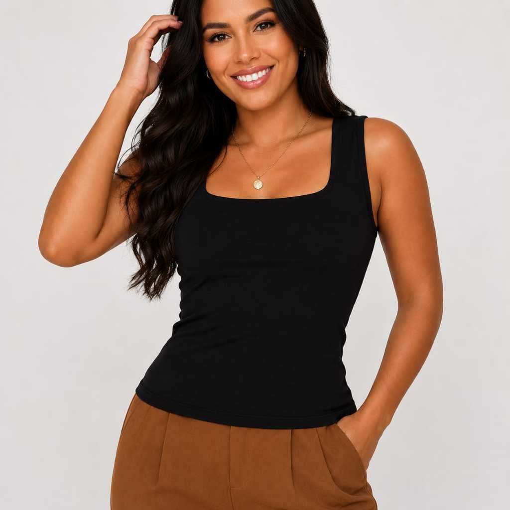 Regata Feminina Blusinha Decote Reto Suplex Poliamida Forro Duplo Tendência Elegante