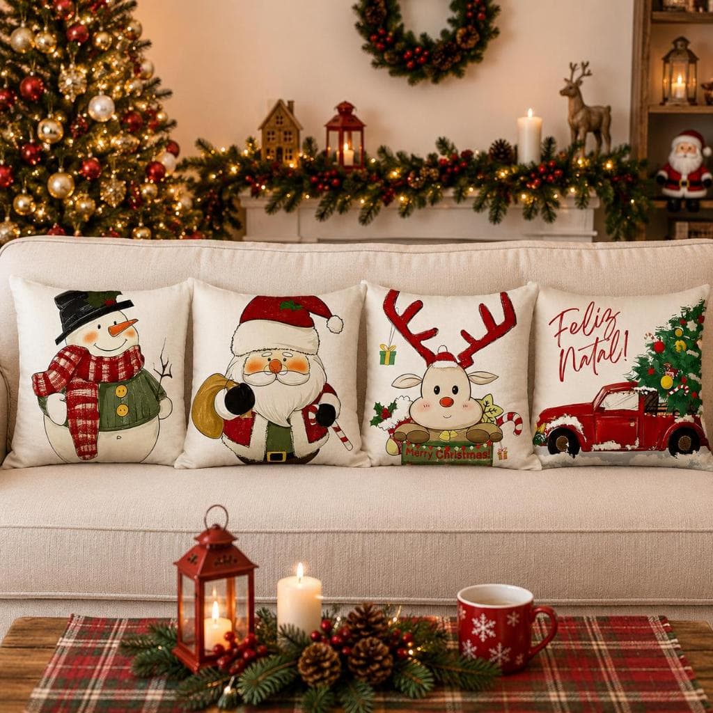 KIT 4 CAPAS DE ALMOFADAS DECORATIVA NATAL FELIZ NATAL NOEL - TAMANHO 45X45