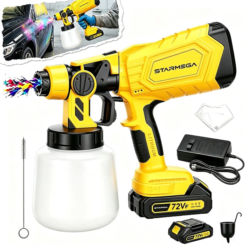 STARMEGA 72V Pistola de Pintura Recarregável Bivolt , 2 Baterias 1000ml Amarela para Reformas e Decoração Doméstica
