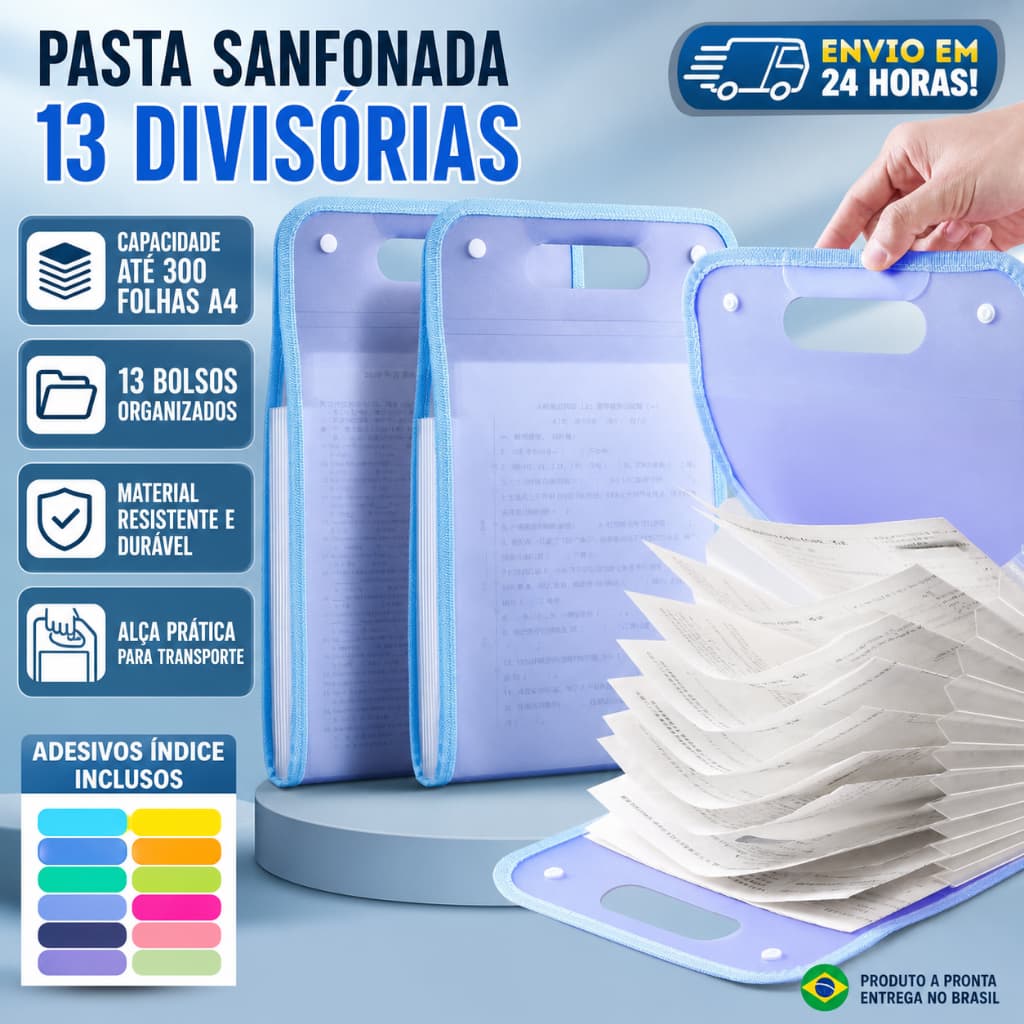 Pasta Sanfonada Para Documento Com 13 Divisórias E Pasta Prancheta Tamanho A4 Escritório Escolar