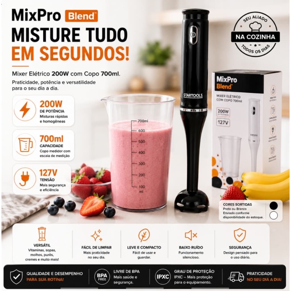 Mixer Elétrico 200W 127V  Copo 700ml Portátil Triturador Misturador de Alimentos Bebidas Molhos Sopas Vitamina Sortido