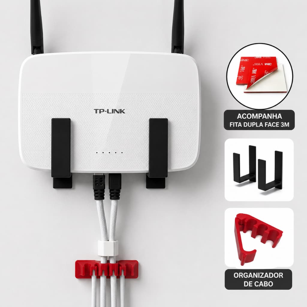 Suporte Para Roteador com Organizador de Cabos De Parede Com Fita 3M WiFi Modem Fibra Universal Adesivo