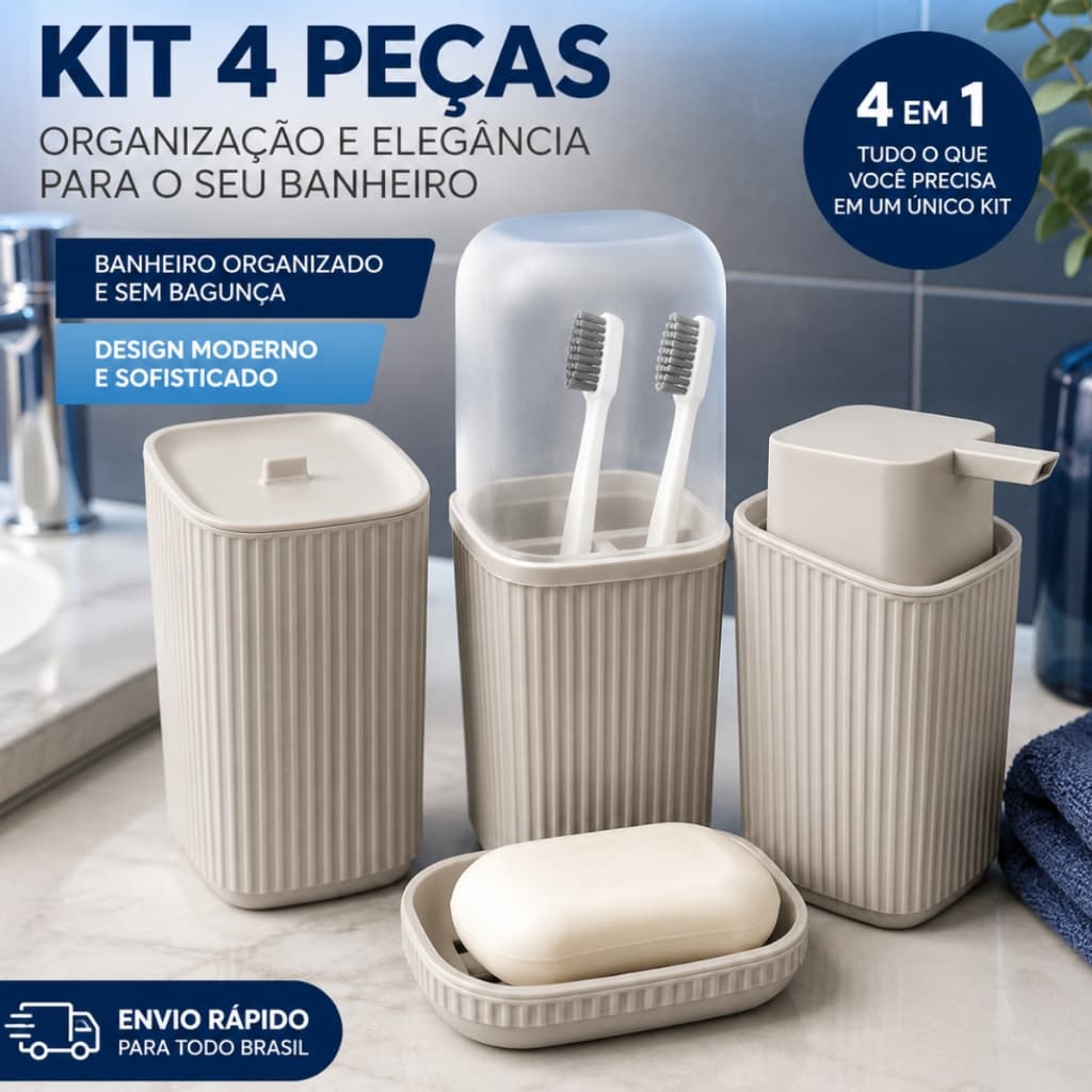 Kit 4 Acessórios Banheiro Porta Sabonete Líquido, Porta Algodão, Porta Escovas e Saboneteira Av FULL