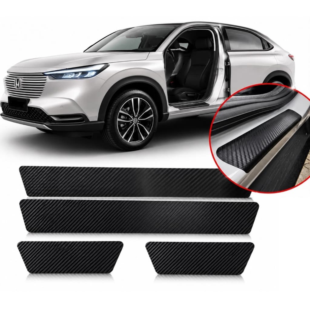 Soleira Porta De Carro Adesivo Preto Fibra De Carbono Universal Kit 4 Peças