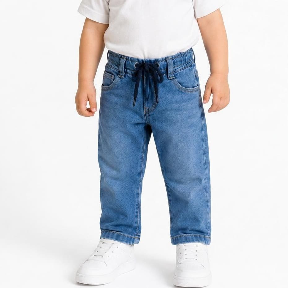 Calça Jeans Infantil Menino Elastano e Cintura Elástica com Cordão Confortável Reta 1 ao 3