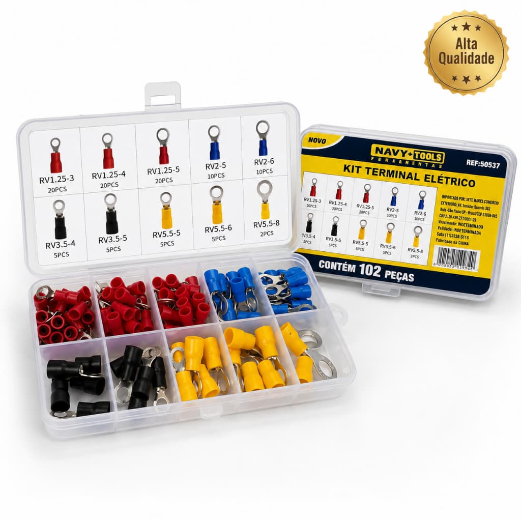 Kit 102 Terminais Elétricos Tipo Olhal Isolados – 10 Medidas com Estojo Organizador