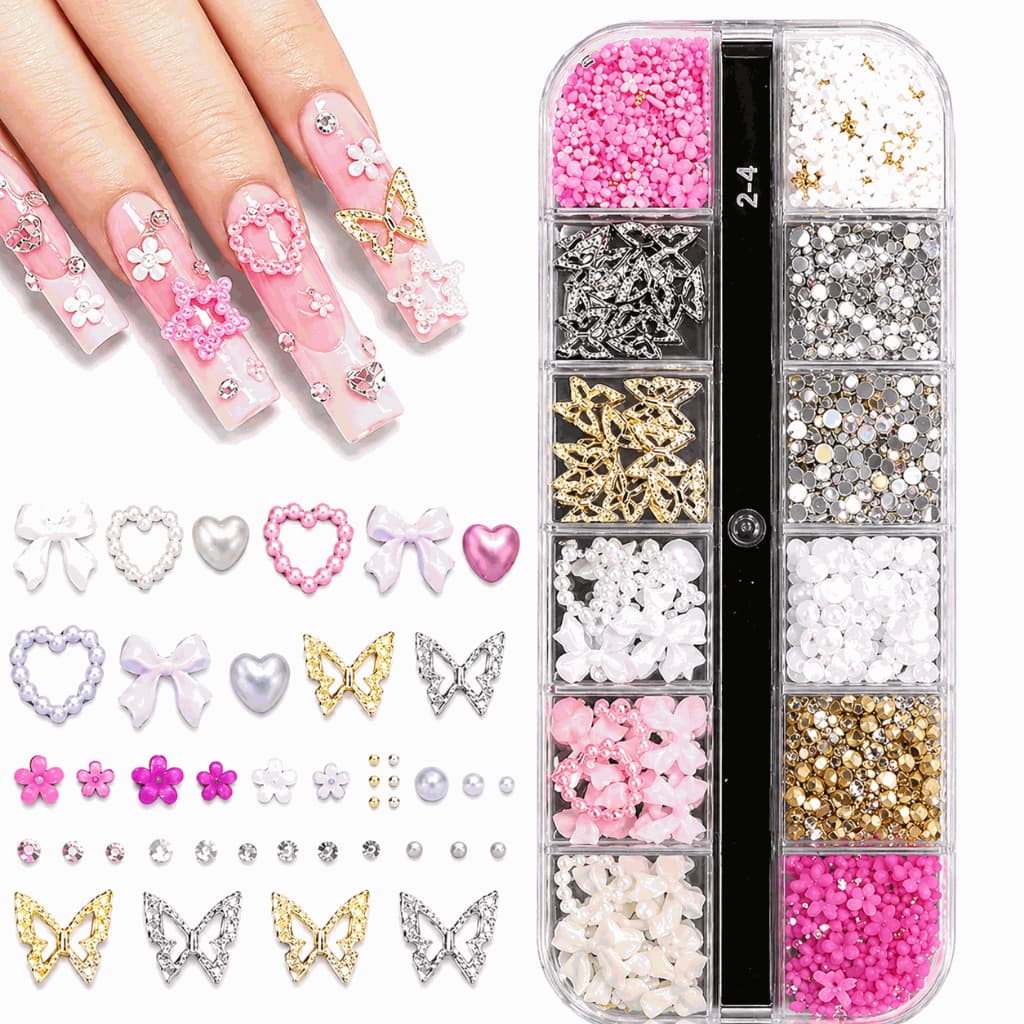Decoração para Unhas 3D Kit 12 Grades com Strass Pérolas Borboleta Flores
