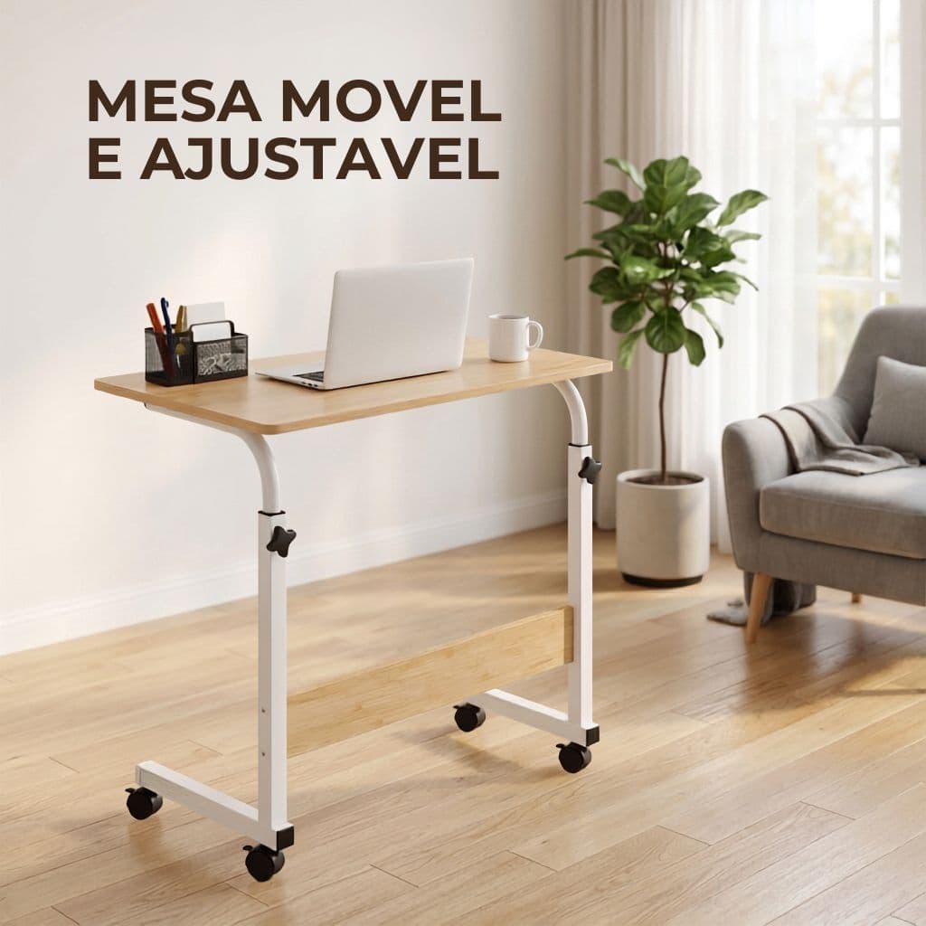 Mesa para Notebook com Rodinhas e Altura Ajustável 60x40cm para Cama Sala e Home Office