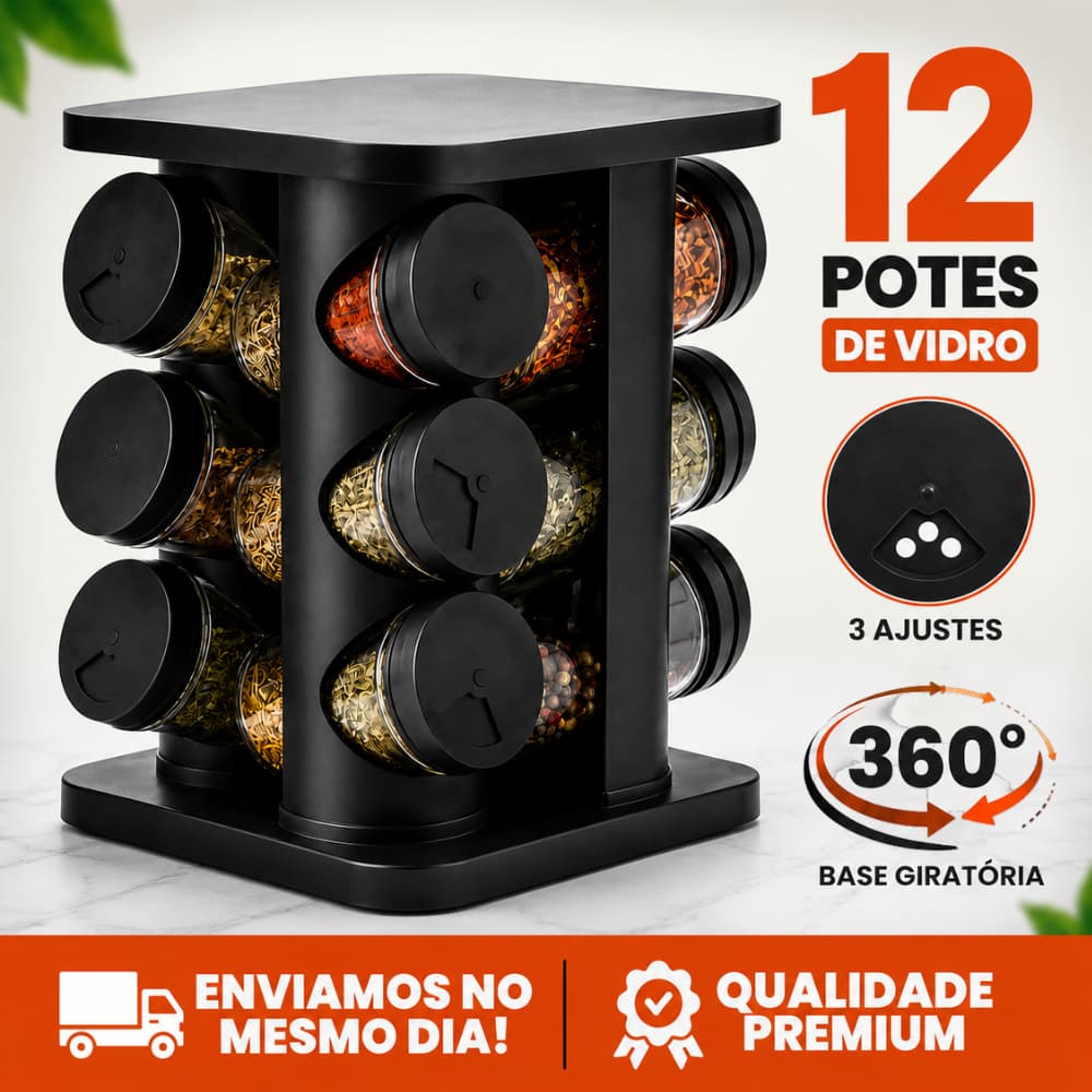 Porta Tempero Condimento Girátorio 12 Potes Cozinha Premium Preto 360 Graus Organizador Dosador Profissional