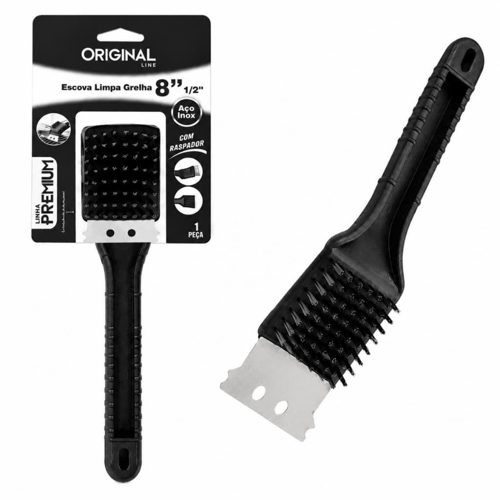 Escova Limpa Grelha Churrasqueira Com Raspador Aço Inox Cerdas De Aço