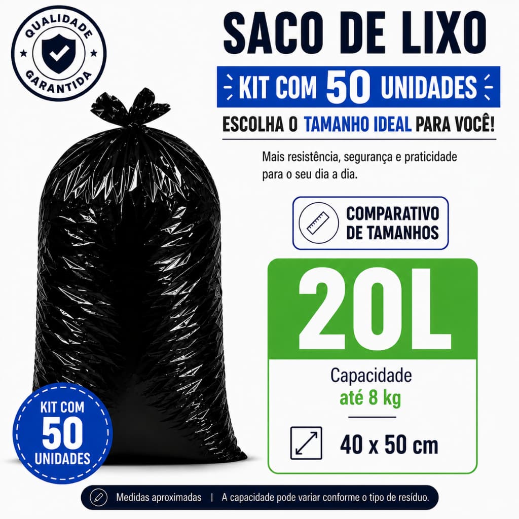 Kit com 50 Sacos de Lixo Plástico Preto Reforçado 20 Litros – Alta Resistência, Qualidade e Durabilidade