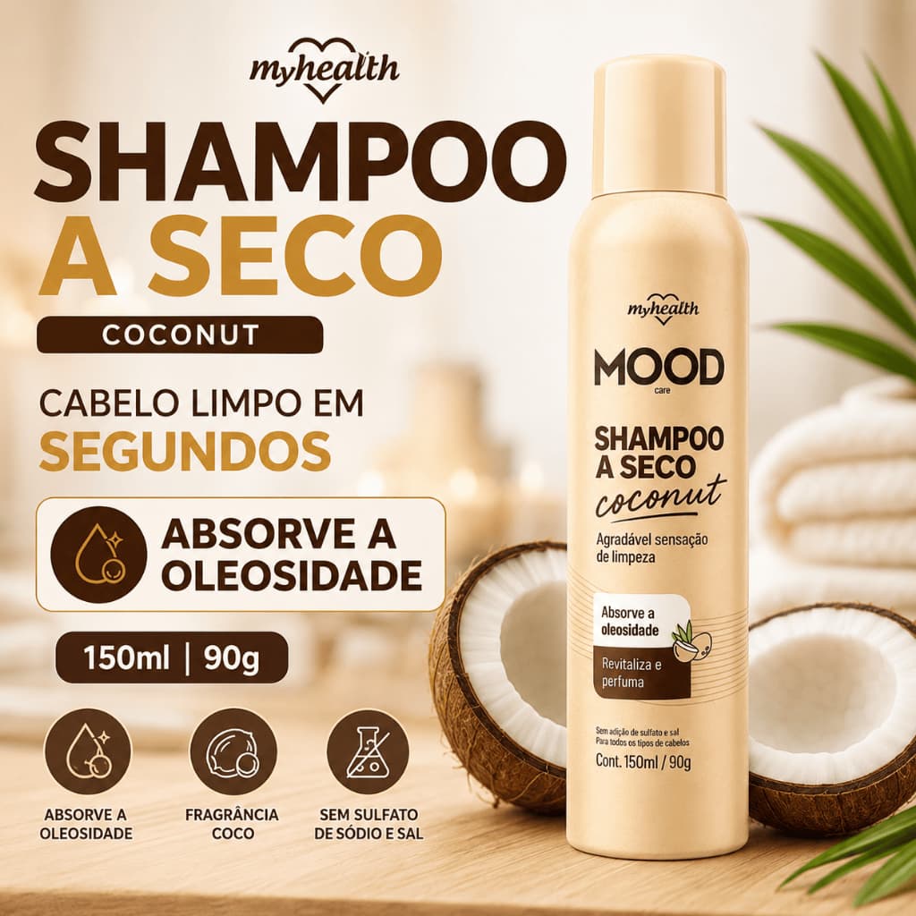Shampoo a Seco Spray 150ml Cabelo Oleoso Coco Absorve Oleosidade Sem Sulfato MOOD Care 90g