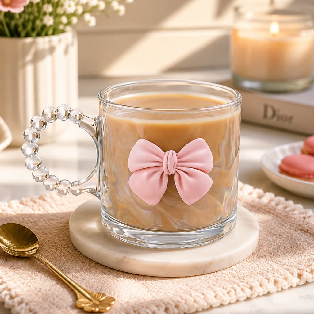 Caneca 3D Vidro Laço Rosa Colorido furta cor Presente Decoração
