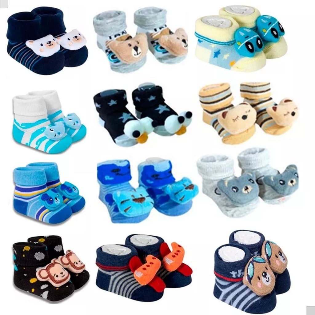 Kit 4 Pares Meias 3d para  Bebê Menina com Chocalho - Sapatinho Inverno - Temas Sortidos