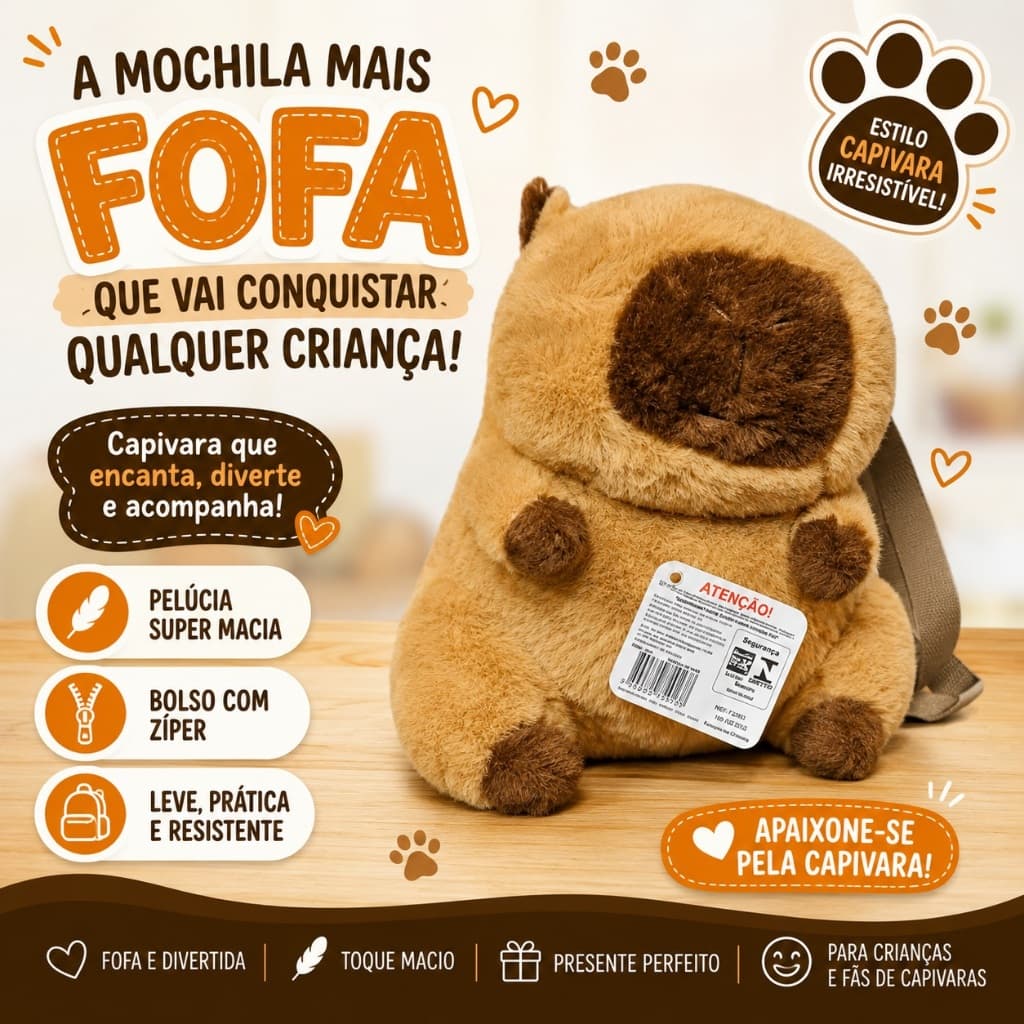Mochila de Pelúcia Capivara Infantil Pequena com Zíper Escolar Fofa Presente Crianças
