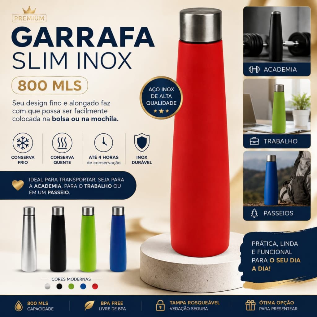 Garrafa Slim Inox 800ml  Água Bebidas Quente e Fria Academia Trabalho Passeio.conserva a temperatura por até 4 horas