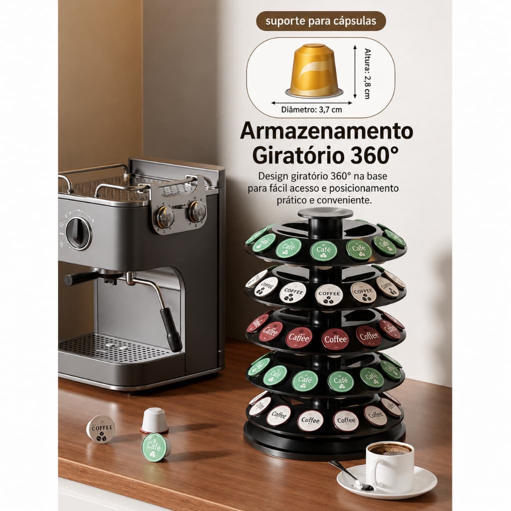 Suporte Organizador para 60 Cápsulas de Café Base Giratória 360°