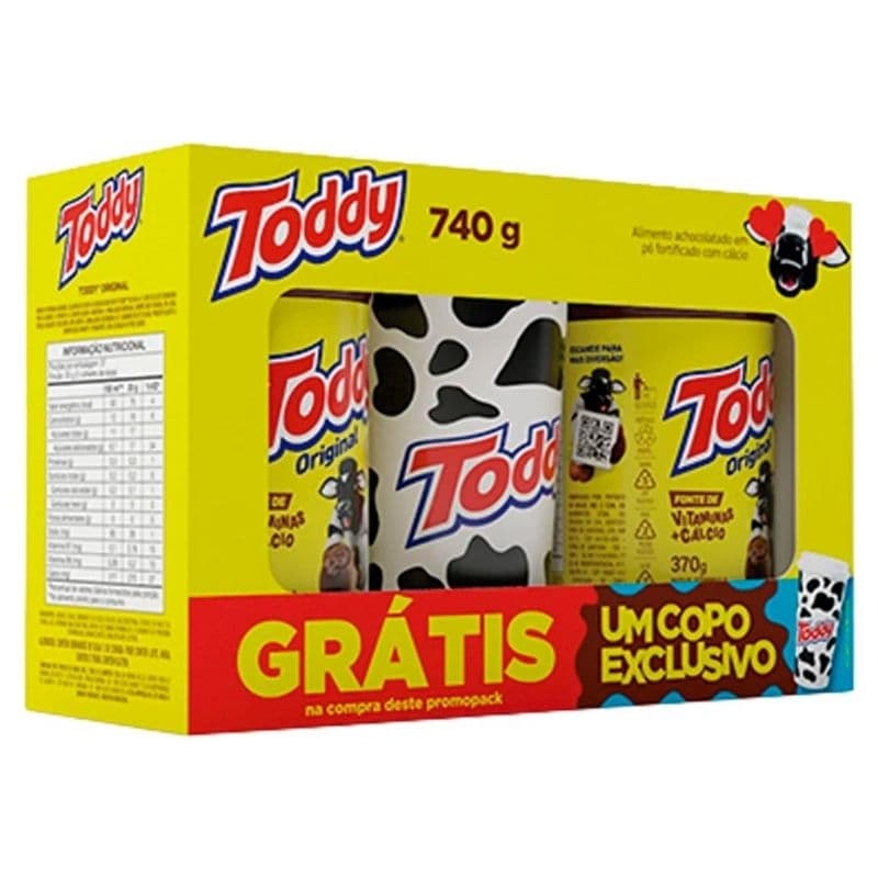 Kit Toddy Original 740g + 2x 370g + Copo Exclusivo | Achocolatado Chocolate em Pó Infantil Café da Manhã
