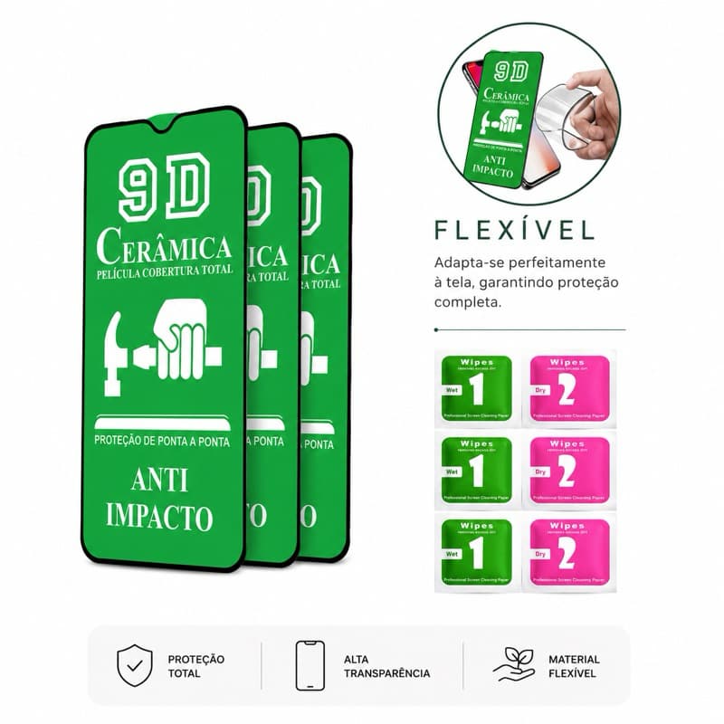 Película Cerâmica Flexível 9D Frontal Premium + KIT Limpeza