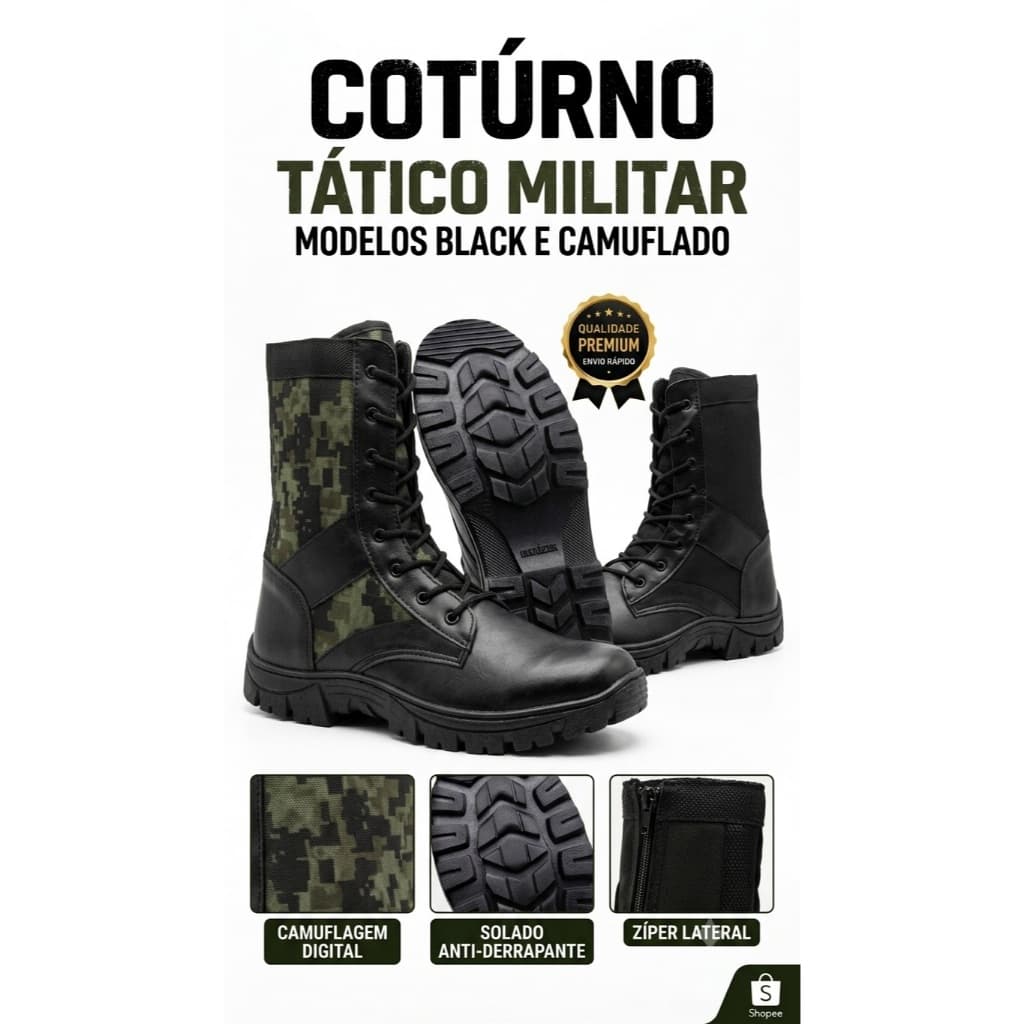 Bota Coturno Tático Militar Masculino Cano Alto Zíper Lateral Solado Tratorado Antiderrapante Leve Trilha Policial