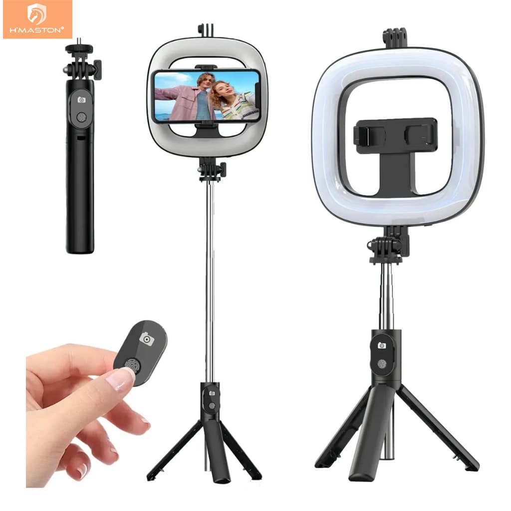 H'maston ZB10 Bastão De Selfie Led Com Tripé E Ring Light Controle RemotoLâmpada de MaquiagemQuadrada