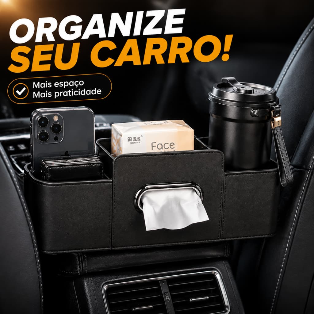 Organizador Banco Traseiro Carro Premium Porta Objetos Celular Copos Lenços Couro PU ABS Multifuncional