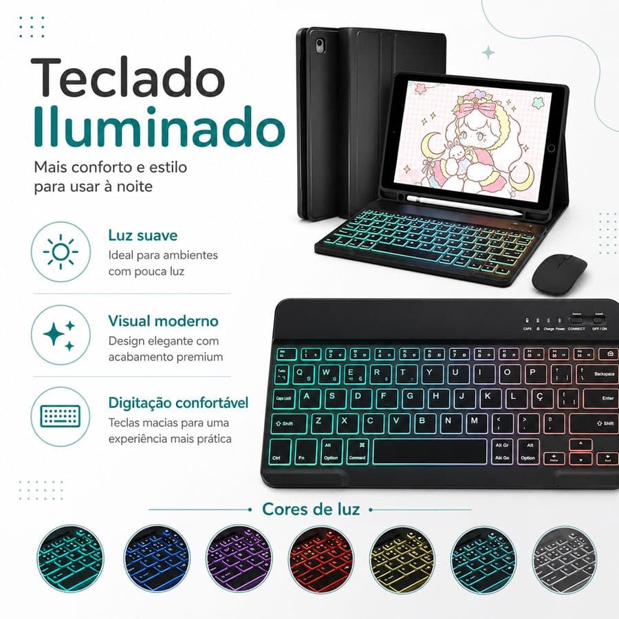 Capa Para Samsung S6 Lite / A11 Plus 11"/Redmi SE 11" 2023 / Pad 2 2025 Com Teclado Iluminado Abnt2 (Com Ç) e Mouse