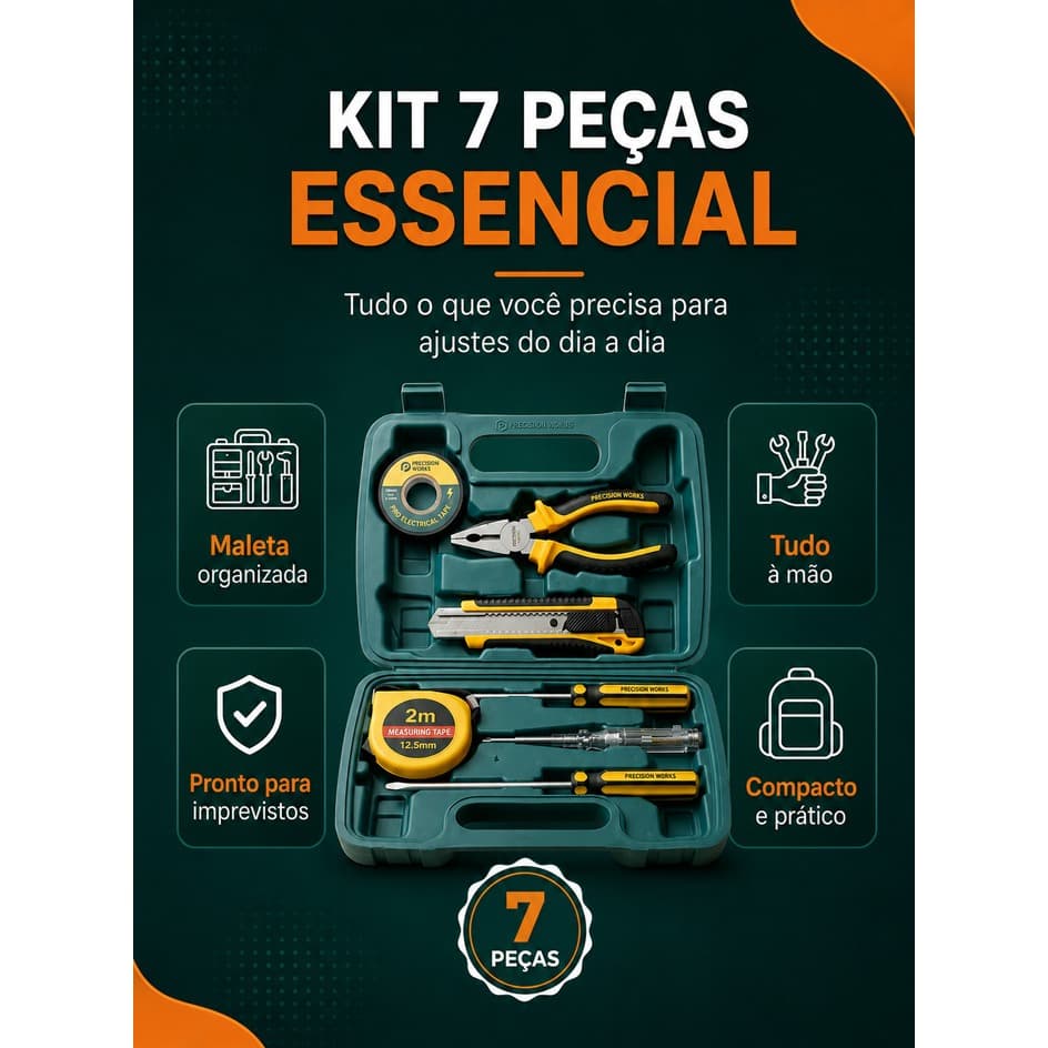 Maleta Ferramentas 7 Peças Compacta Alicate Trena Estilete Chaves Teste Manutenção Residencial Casa