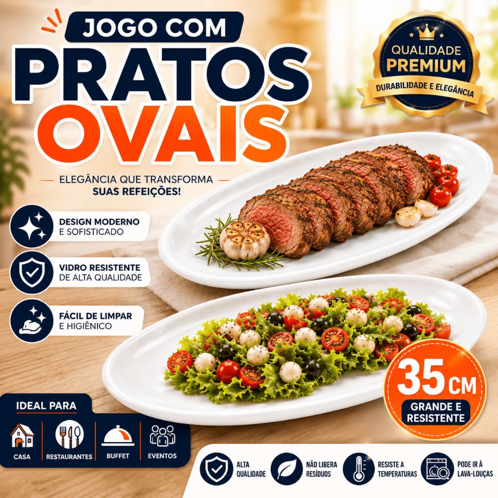 Jogo Pratos Ovais Vidro Branco 35cm Travessa Refratário Mesa Posta Servir Carnes Saladas Churrasco Kit 2 4 ou 6 Peças