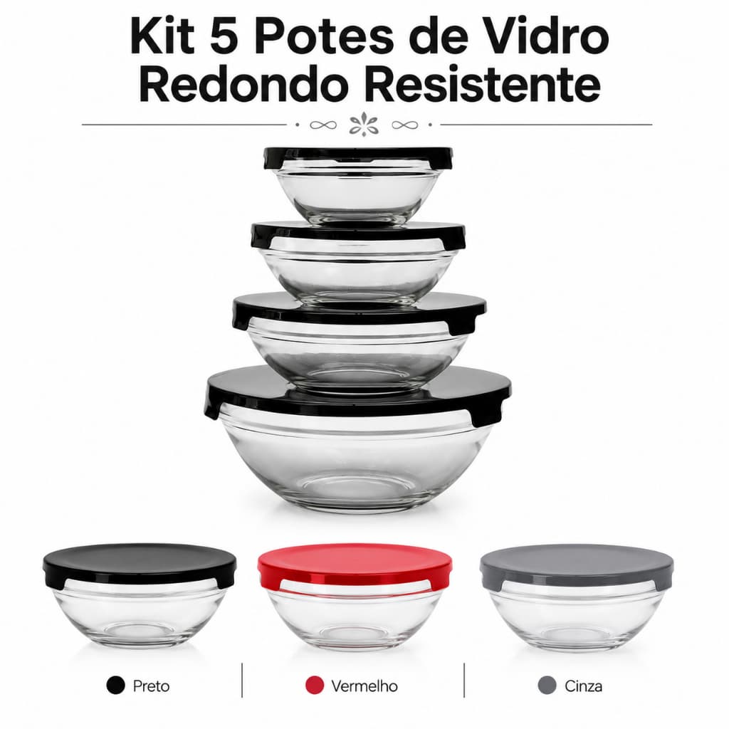 Kit 5 Potes de Vidro Redondo Resistente Tigelas Hermético Conjunto 5 Potes de Vidro Cazza Classic