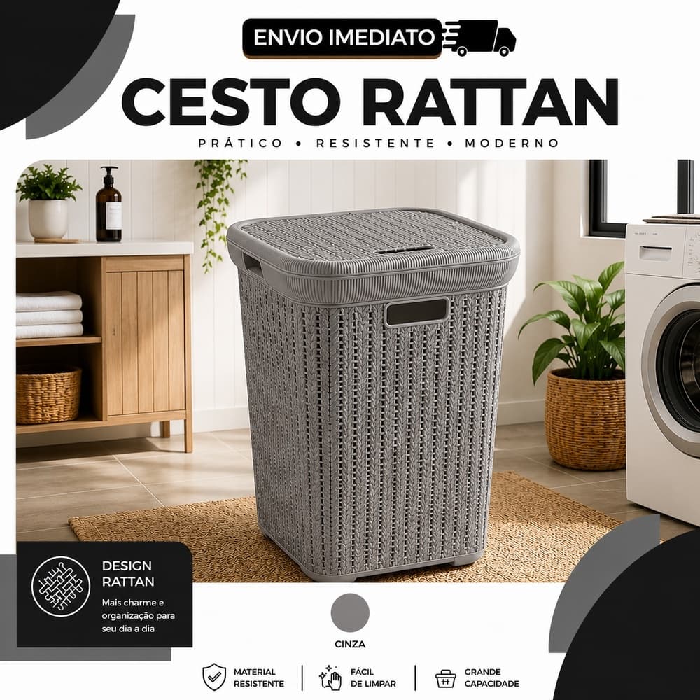 Cesto Rattan Cinza 50L com Tampa ideal para Lavanderia, Banheiro e Quarto