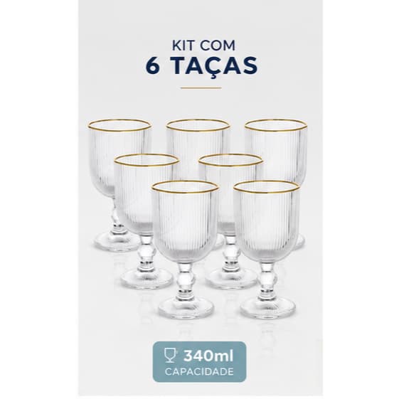 Jogo 6 Taças de Vidro Versailles Gold 340ml Borda Dourada LEHAVI Taças para Água Suco Vinho Mesa Posta