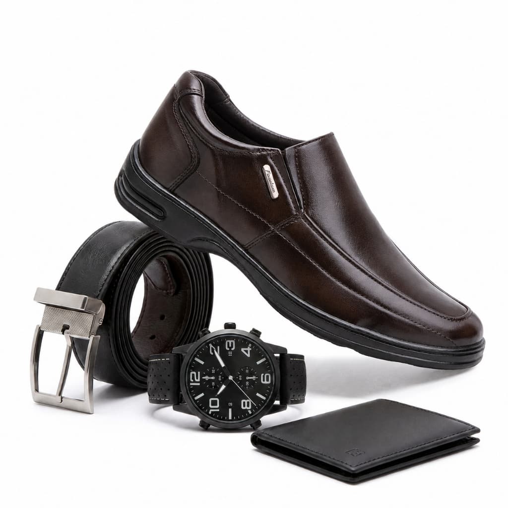 Kit Sapato Social Masculino Preto Cottony com Cinto Carteira e Relógio