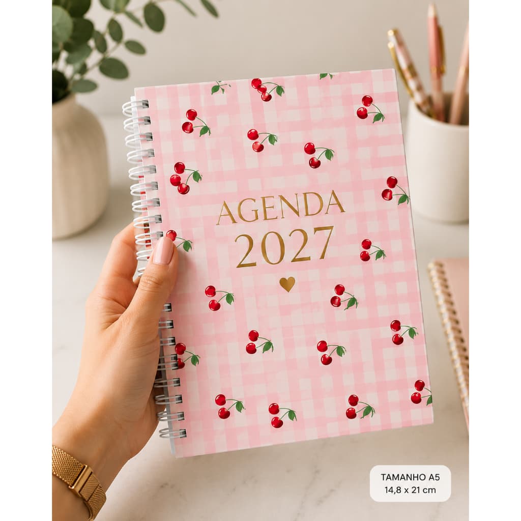 Agenda A5 2027 Cereja Premium – Semanal / 1DPP / 2DPP Brinde seu nome personalizado