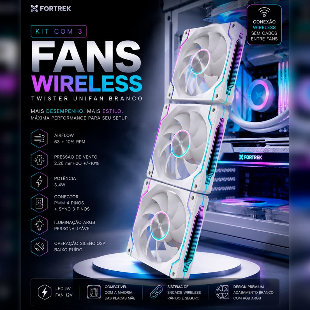 KIT FANS 120MM ARGB WIRELESS BRANCO FORTREK TWISTER 3 UNIDADES