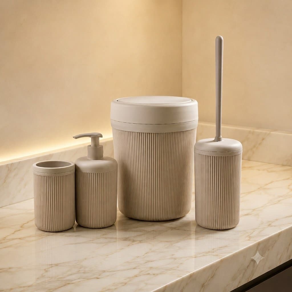 Kit Acessórios para Banheiro 4 Peças com Bambu Lixeira Dispenser Porta Escova Escova Sanitária