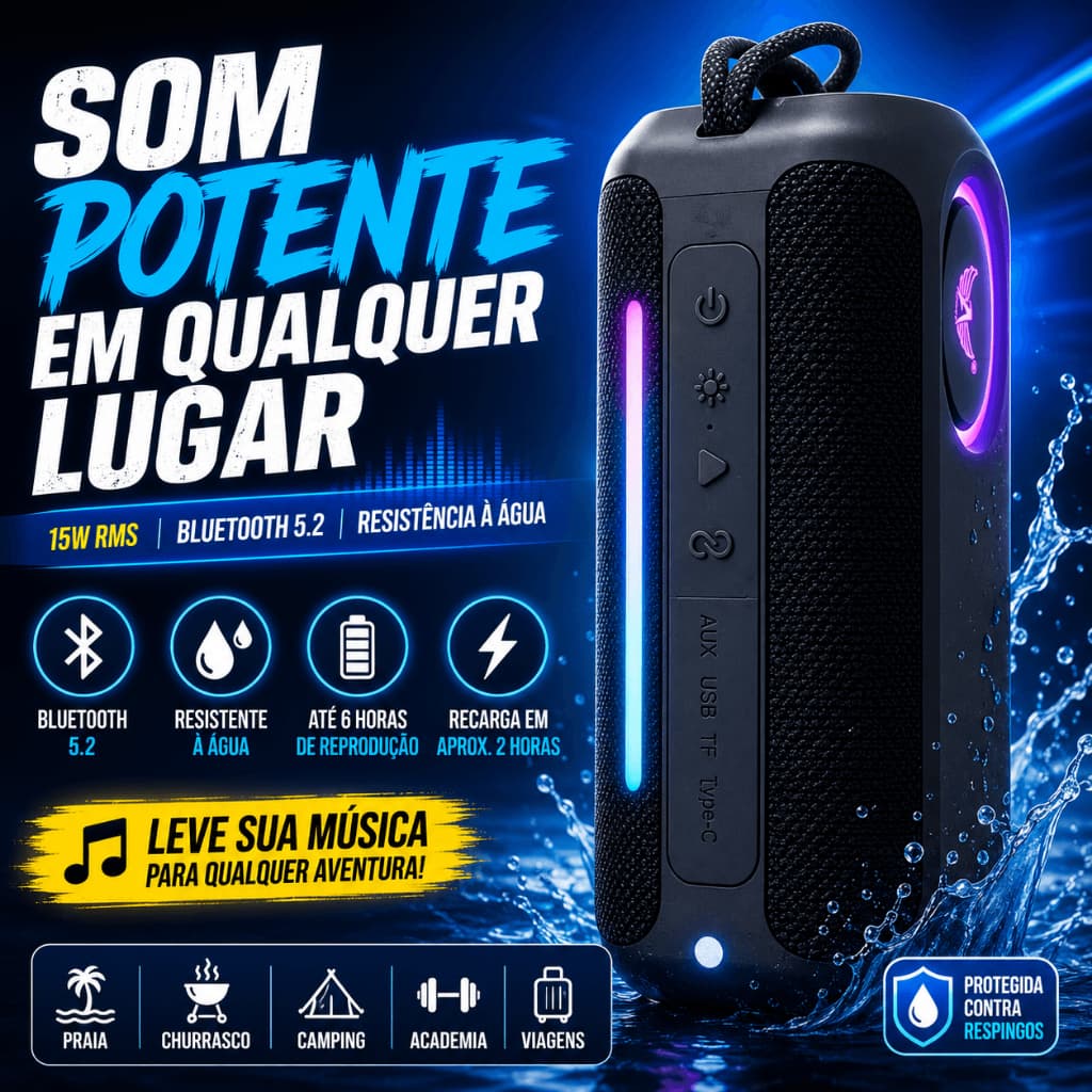 Caixa de Som Bluetooth Portátil 15W À Prova D'Água Bluetooth 5.2 Graves Potentes USB Cartão SD