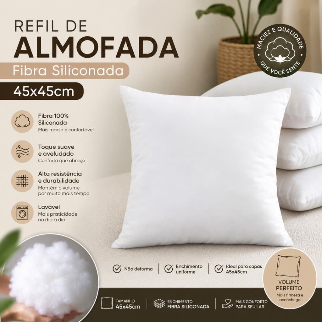 Refil Almofada 45x45 em Fibra Siliconada Premium | Kit 1, 2 e 4 Unidades | Alto Volume | Envio Imediato