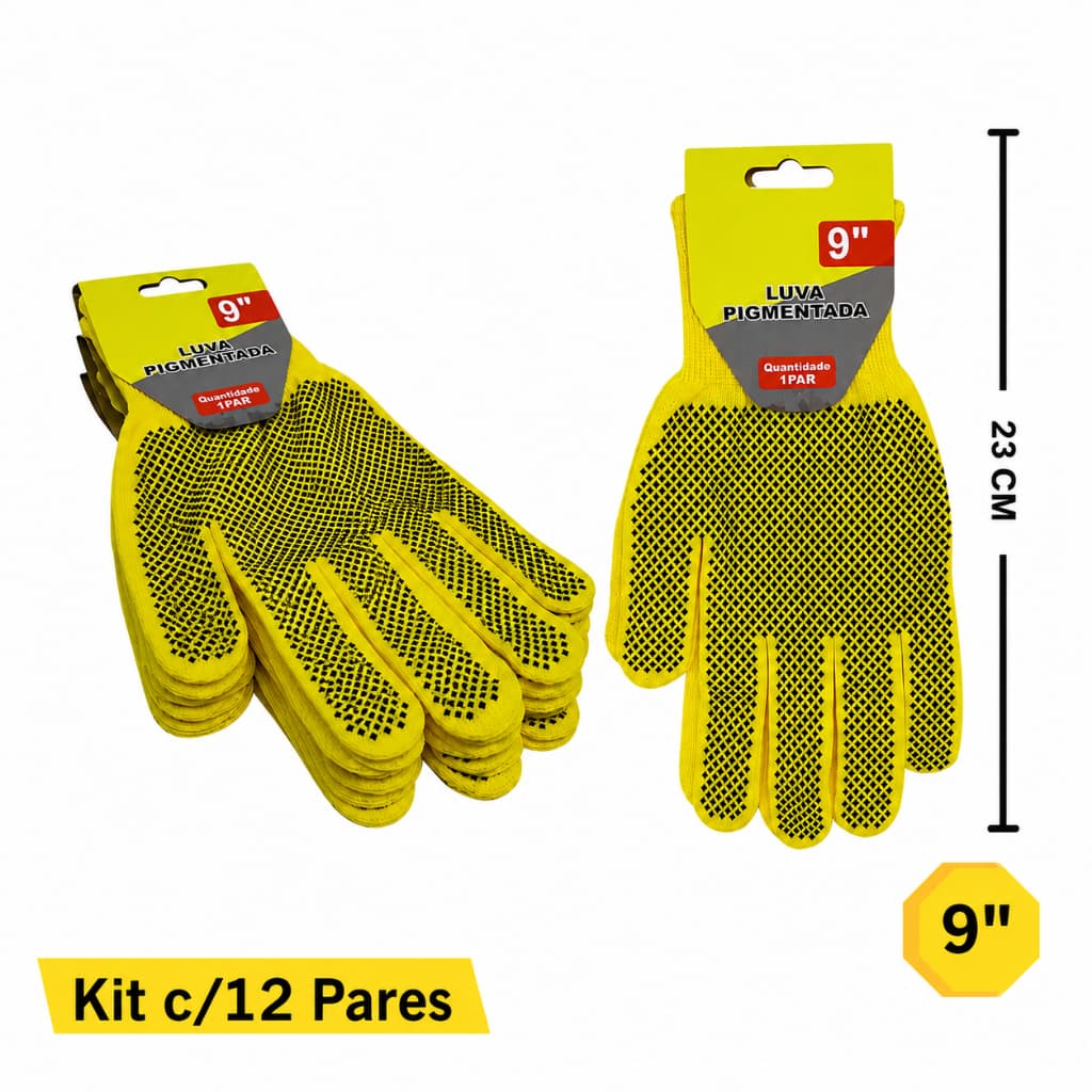 Kit 12 Pares de Luva Pigmentada Tamanho 9 Amarela Ideal para Proteção Contra Cortes e Abrasão Efeito Antiderrapante