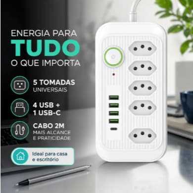 Filtro De Linha E Extensão Elétrica Régua Com 5 tomadas, 4 Entradas USB e 1 Entrada USB-C Bivolt 2 Metros Cabo Reforçado