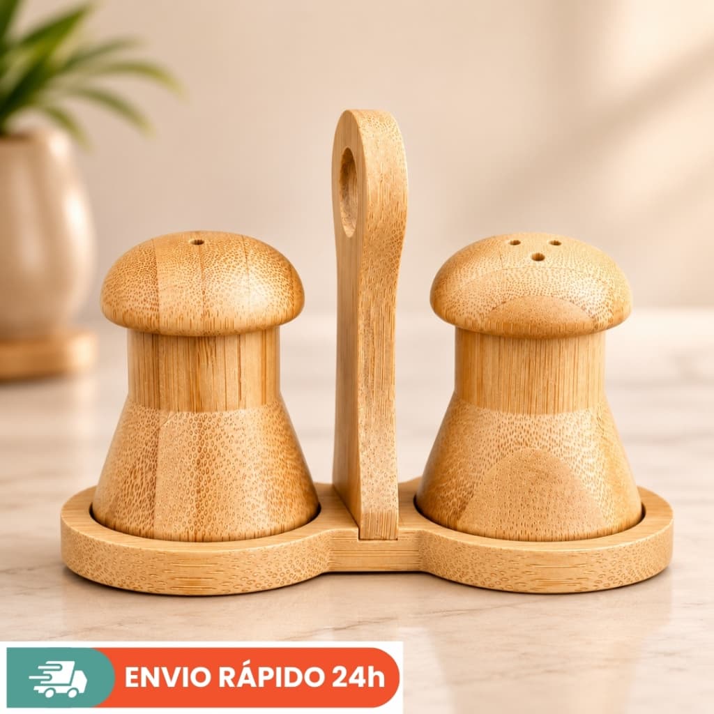 Kit Saleiro e Pimenteiro de Mesa em Bambu – Porta Temperos Moderno Elegante para Cozinha Farmhouse