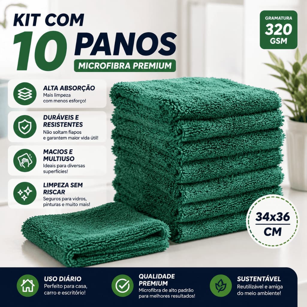 Kit 10 Panos de Microfibra Premium 36x34cm 320gsm para Polimento e Limpeza – Alta absorção, super macios, removem poeira